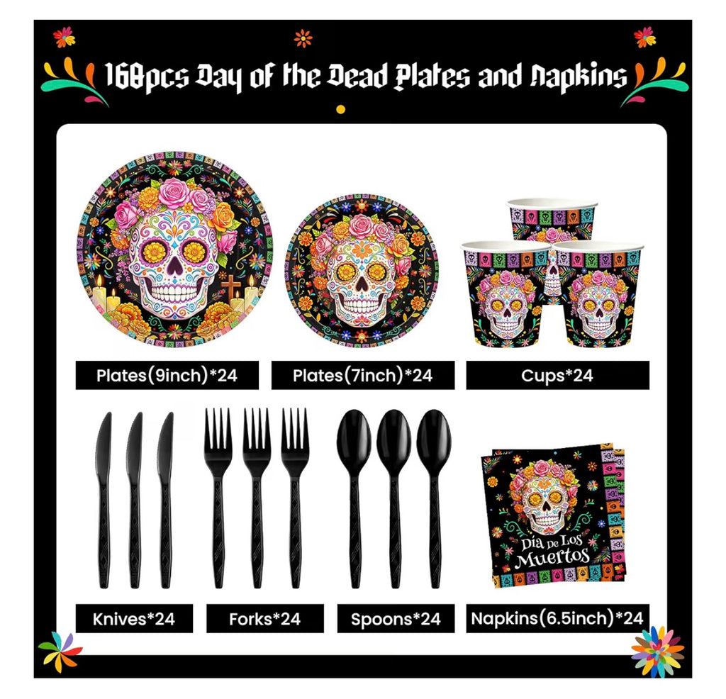 168pcs Day of the Dead plates & napkins