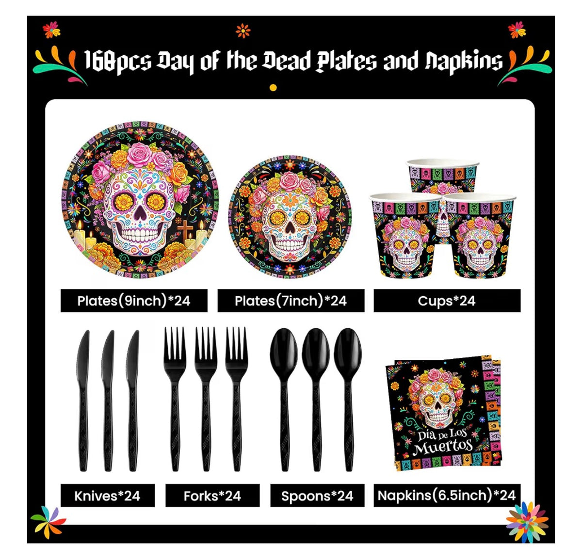 168pcs Day of the Dead plates & napkins